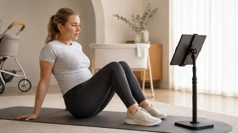 Woman doing online postnatal personal training at home in Saudi Arabia using a tablet.
