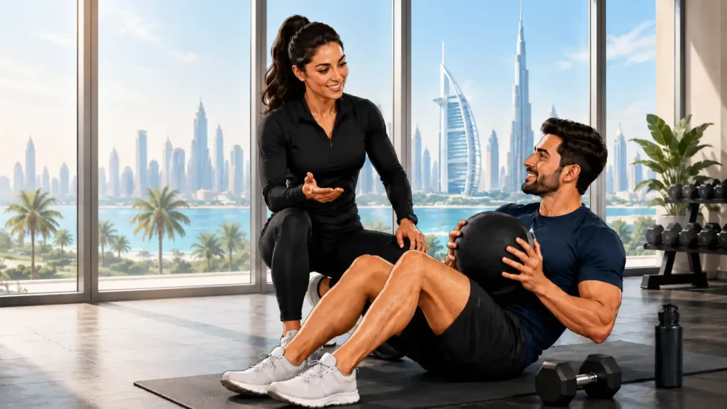 Personal trainer coaching a client during a private session in a Dubai building gym