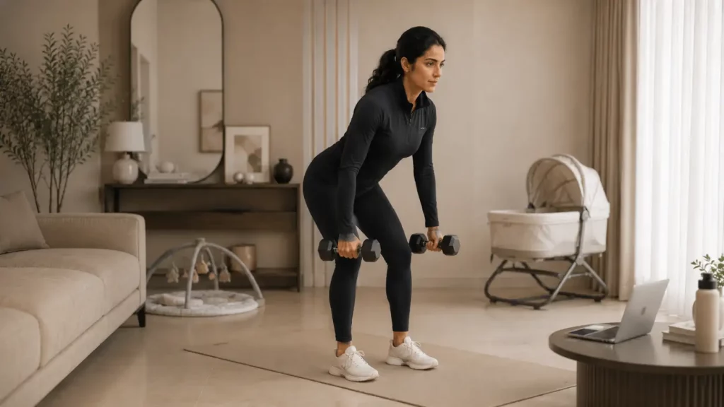 Woman doing online personal training at home in Saudi Arabia using a smartphone.
