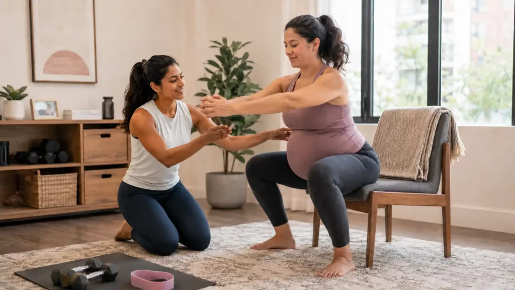 Prenatal personal trainer guiding safe prenatal exercises for a mother in Dubai