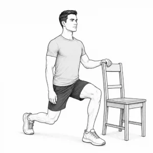 Beginner performing a supported reverse lunge using a chair for balance