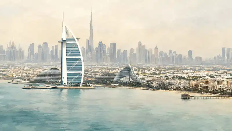 Illustrated view of Umm Suqeim, Dubai with low-rise residential areas and the Burj Al Arab near the coast.