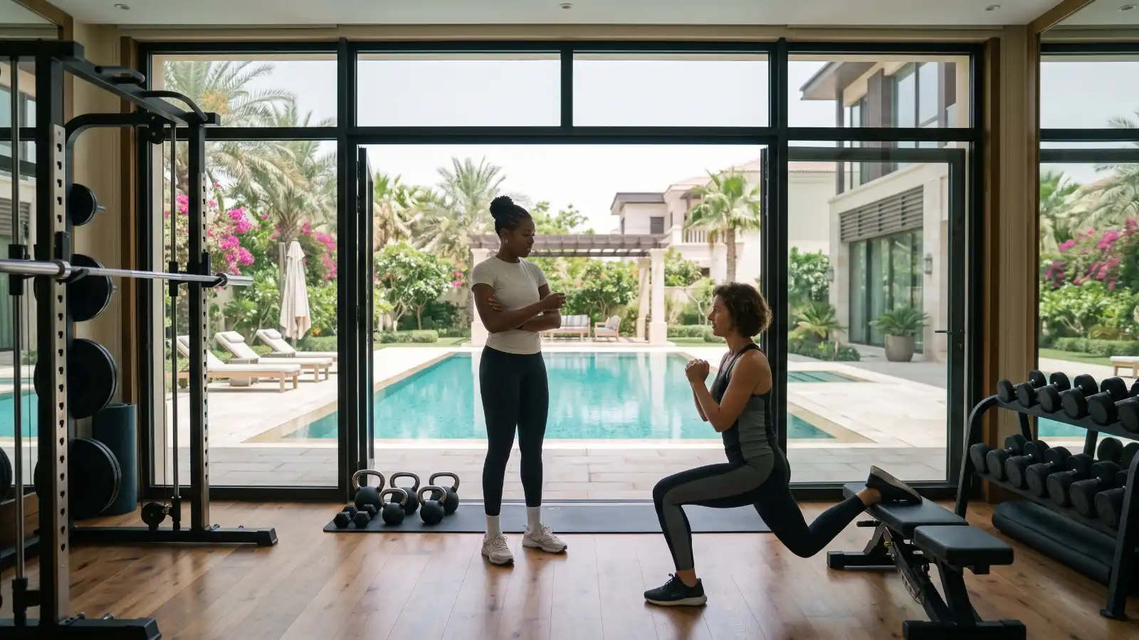 Home personal training for a Dubai Hills family in a villa garden or building gym setting